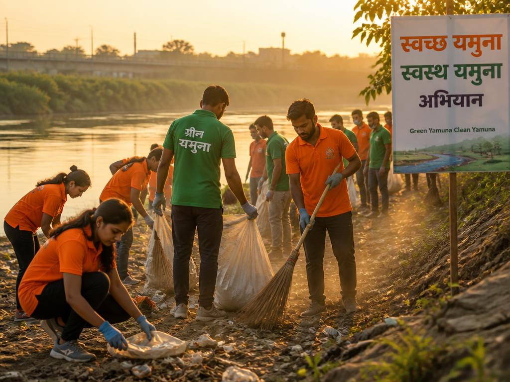 Bharat Uday Abhiyaan volunteers cleaning the Yamuna riverbank in Delhi at sunrise